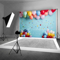 Lofaris Vibrant Colorful Balloons and Star Confetti Sky Blue Photography Backdrop Perfect for Birthday Party Baby Shower