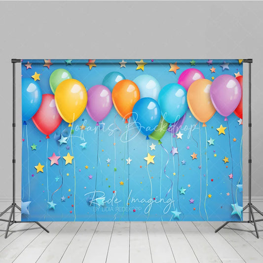 Lofaris Vibrant Colorful Balloons and Stars Photography Backdrop Festive Blue Background for Birthday Party Celebration