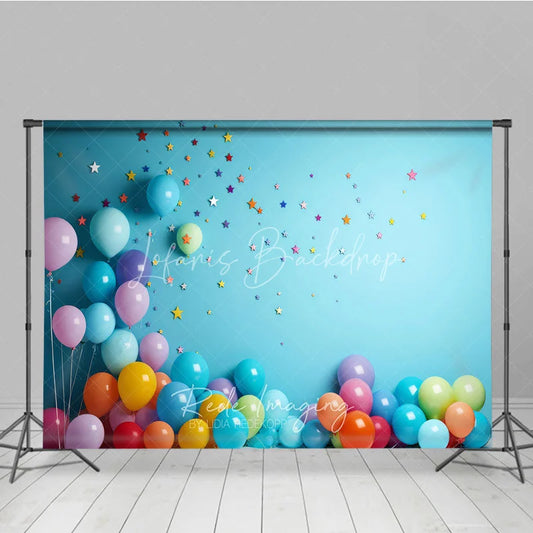Lofaris Vibrant Colorful Balloons and Stars Photography Backdrop Light Blue Wall for Birthday Party Celebration