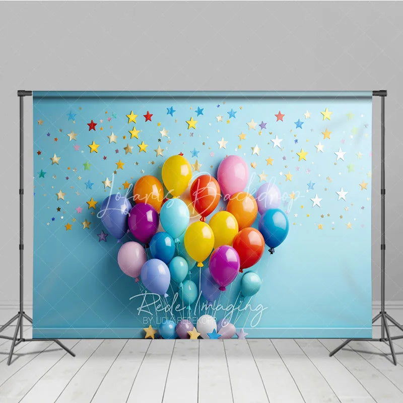 Lofaris Vibrant Colorful Balloons Photography Backdrop with Scattered Stars and Confetti Birthday Party Celebration