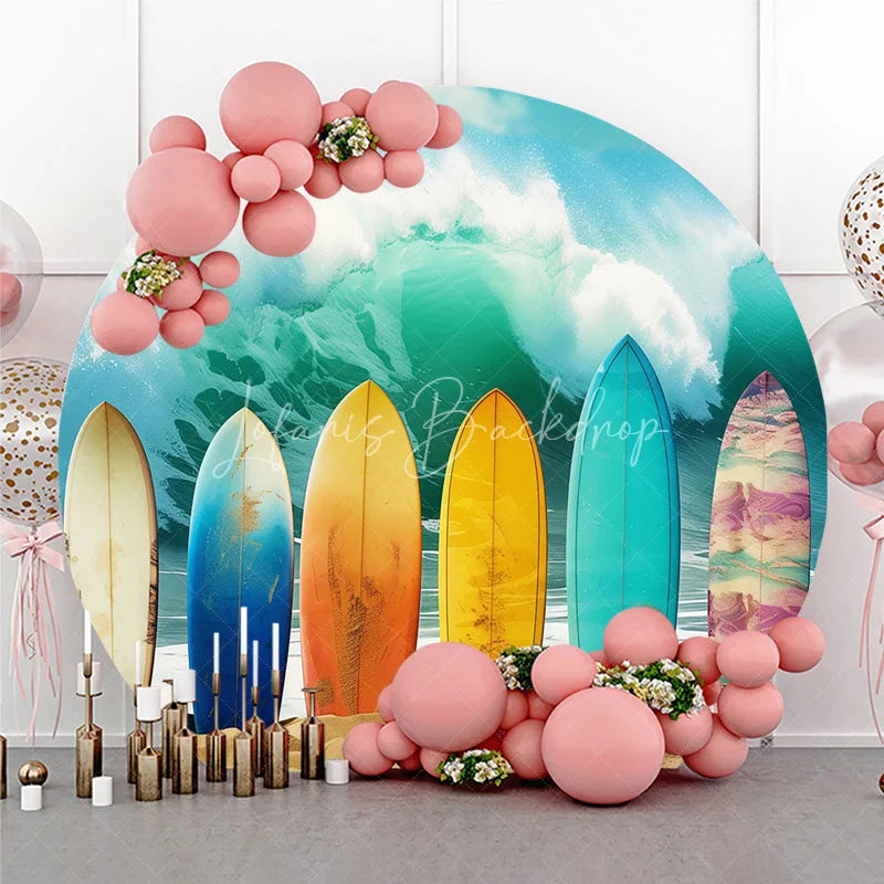 Lofaris Vibrant Colorful Surfboards on Sandy Beach with Crashing Ocean Wave Summer Tropical Party Round Backdrop