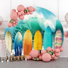 Lofaris Vibrant Colorful Surfboards on Sandy Beach with Crashing Ocean Wave Summer Tropical Party Round Backdrop