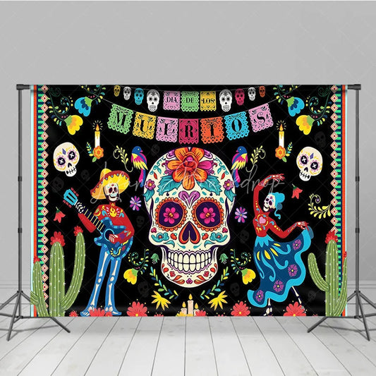 Lofaris Vibrant Day of the Dead Sugar Skull Holiday Backdrop featuring Skeletons Guitar and Dancing Figures with Cacti