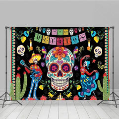 Lofaris Vibrant Day of the Dead Sugar Skull Holiday Backdrop featuring Skeletons Guitar and Dancing Figures with Cacti