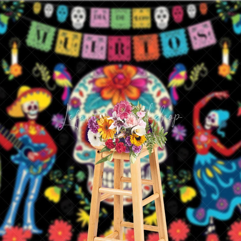 Lofaris Vibrant Day of the Dead Sugar Skull Holiday Backdrop featuring Skeletons Guitar and Dancing Figures with Cacti