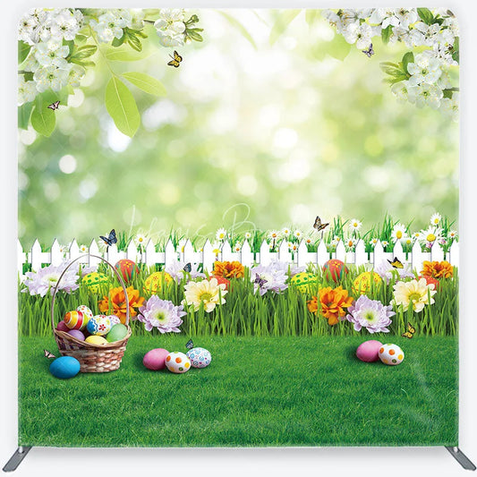 Lofaris Vibrant Easter Eggs and Spring Flowers Square Double-Sided Backdrop Green Garden Fence Photo Booth Decor