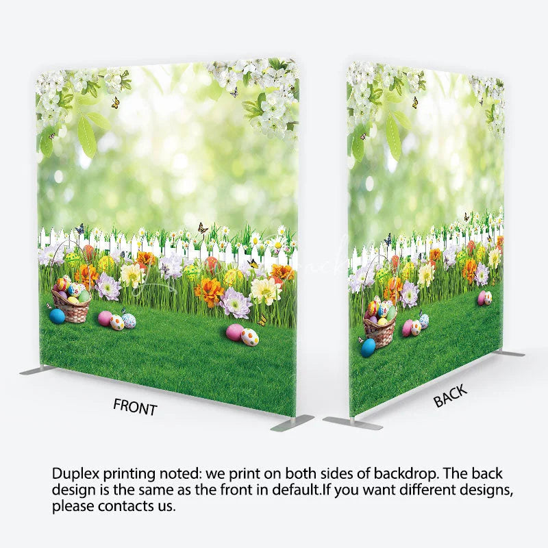 Lofaris Vibrant Easter Eggs and Spring Flowers Square Double-Sided Backdrop Green Garden Fence Photo Booth Decor