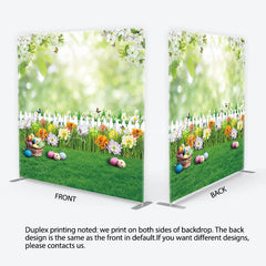 Lofaris Vibrant Easter Eggs and Spring Flowers Square Double-Sided Backdrop Green Garden Fence Photo Booth Decor