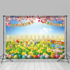 Lofaris Vibrant Easter Garden Eggs Pink Under Sky Backdrop