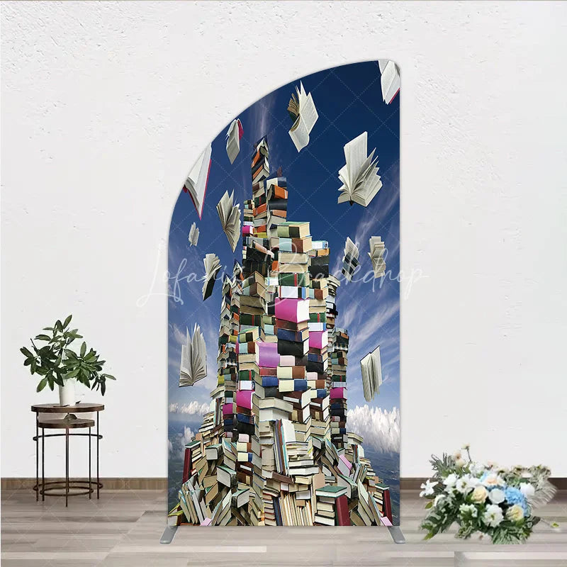 Lofaris Vibrant Floating Books and Blue Sky Half Moon Arch Backdrop Educational Literary Theme Party Decor