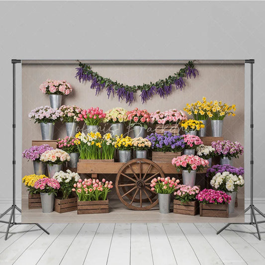 Lofaris Vibrant Flower Market Photography Backdrop with Rustic Wooden Cart Colorful Spring Floral Display and Lavender Garland