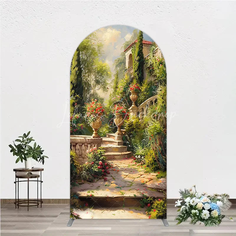 Lofaris Vibrant Garden Classical Architecture Round Top Arch Backdrop Stone Staircase and Floral Urns Decor