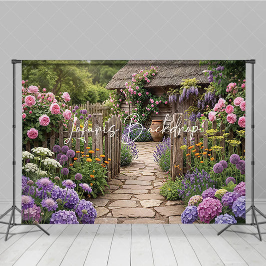 Lofaris Vibrant Garden Photography Backdrop with Rustic Wooden Fence Stone Path Blooming Roses and Purple Lavender