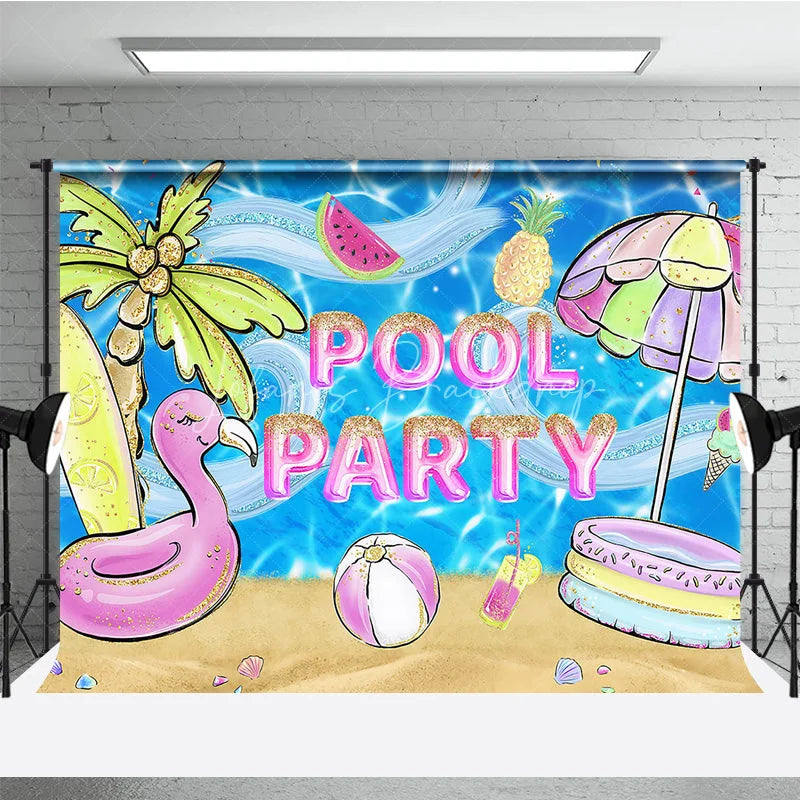 Lofaris Vibrant Glitter Pool Party Flamingo Palm Tree Photography Backdrop Summer Beach Celebration Decor