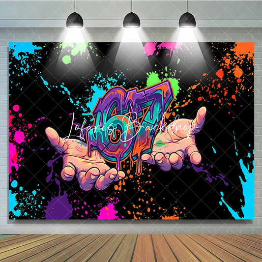 Lofaris Vibrant Graffiti Style Neon Paint Splatter 67th Birthday Backdrop with Hands Energetic Party Decor