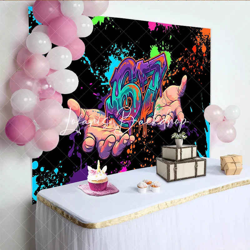 Lofaris Vibrant Graffiti Style Neon Paint Splatter 67th Birthday Backdrop with Hands Energetic Party Decor