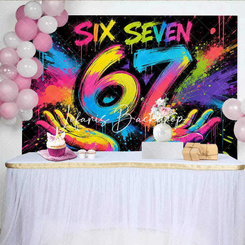 Lofaris Vibrant Graffiti Style Six Seven 67 Birthday Backdrop with Neon Paint Splatter Colorful Celebration Party Decor
