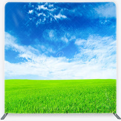 Lofaris Vibrant Green Field and Blue Sky with White Clouds Square Double-Sided Backdrop Natural Outdoor Landscape