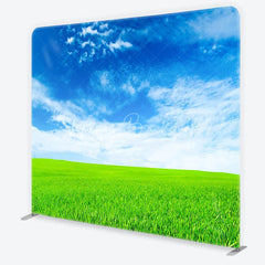 Lofaris Vibrant Green Field and Blue Sky with White Clouds Square Double-Sided Backdrop Natural Outdoor Landscape