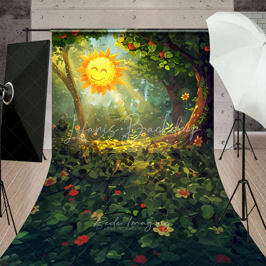 Lofaris Vibrant Green Forest Sweep Backdrop featuring a Smiling Sun and Dappled Light ideal for Spring Photography