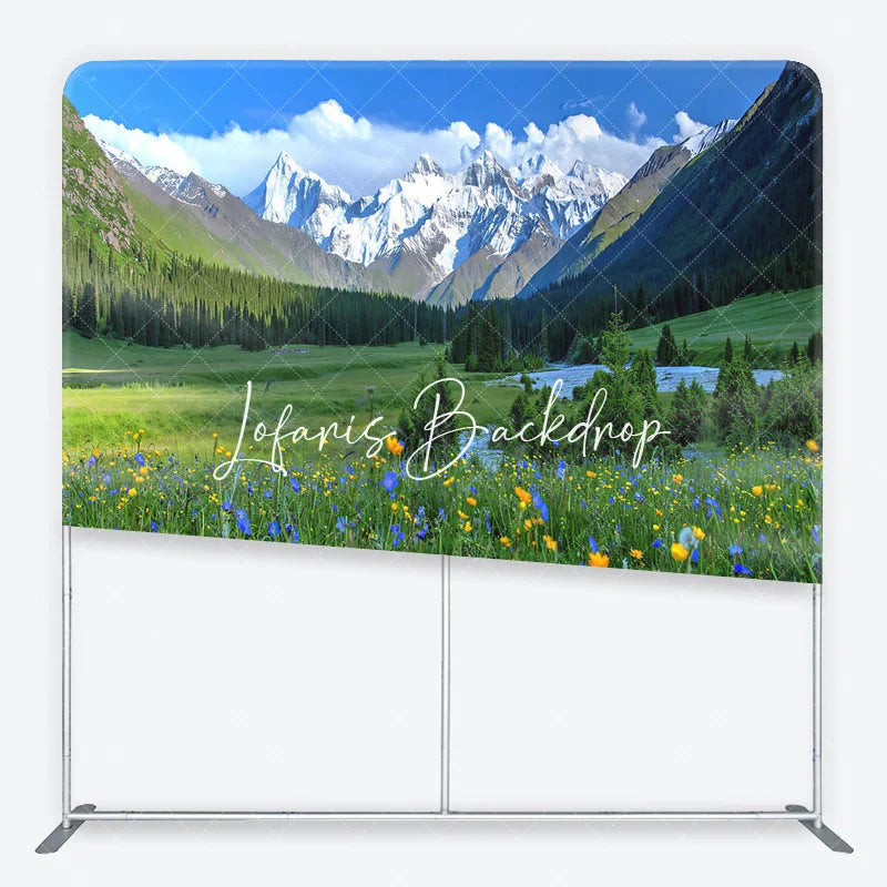 Lofaris Vibrant Green Meadow with Wildflowers and Snow-Capped Mountains Square Double-Sided Backdrop Scenic Nature View