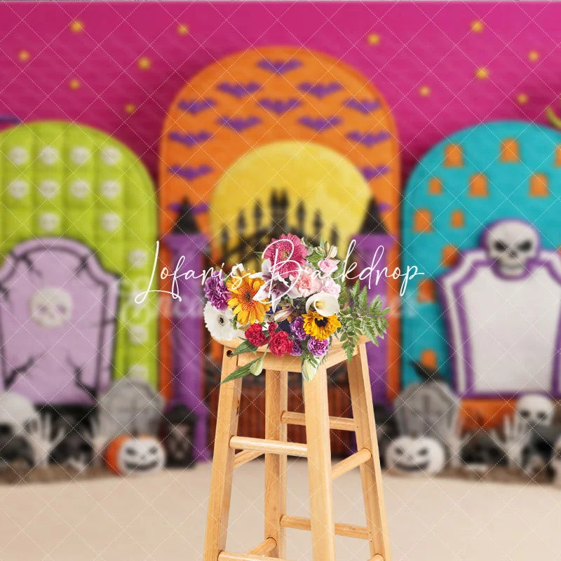 Lofaris Vibrant Halloween Graveyard Photography Backdrop featuring Skulls Jack-o-Lanterns and Twisted Trees for Spooky Party
