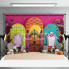 Lofaris Vibrant Halloween Graveyard Photography Backdrop featuring Skulls Jack-o-Lanterns and Twisted Trees for Spooky Party