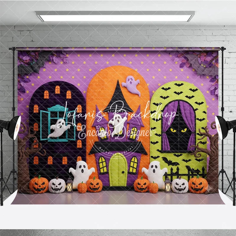 Lofaris Vibrant Halloween Haunted House Photography Backdrop with Spooky Ghosts Pumpkins and Bats for Kids Party Celebration