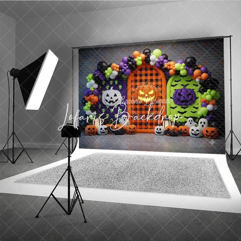 Lofaris Vibrant Halloween Photography Backdrop with Pumpkins Ghosts and Balloon Arch for Spooky Celebrations