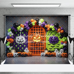 Lofaris Vibrant Halloween Photography Backdrop with Pumpkins Ghosts and Balloon Arch for Spooky Celebrations