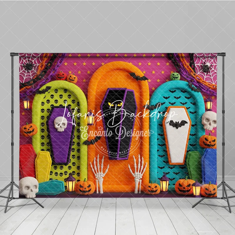Lofaris Vibrant Halloween Spooky Coffin and Pumpkin Photography Backdrop with Bats Skulls Festive Party Decor