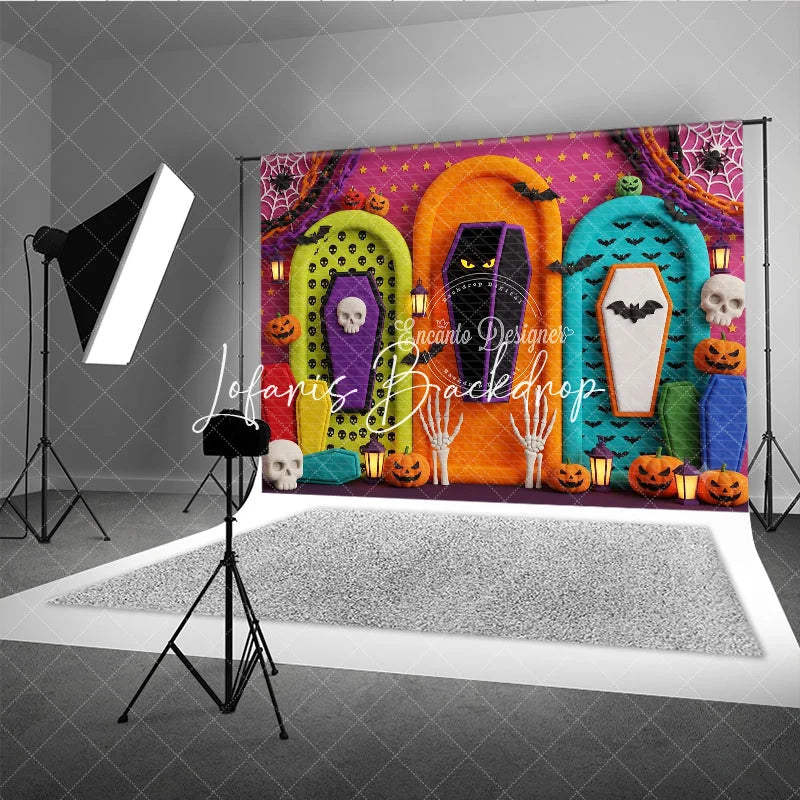 Lofaris Vibrant Halloween Spooky Coffin and Pumpkin Photography Backdrop with Bats Skulls Festive Party Decor