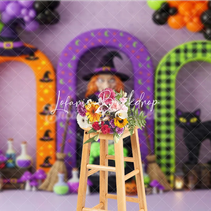 Lofaris Vibrant Halloween Witch and Black Cat Arches Photography Backdrop Spooky Party Decor with Pumpkins Balloons