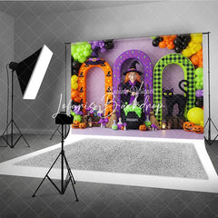 Lofaris Vibrant Halloween Witch and Black Cat Arches Photography Backdrop Spooky Party Decor with Pumpkins Balloons