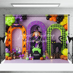 Lofaris Vibrant Halloween Witch and Black Cat Arches Photography Backdrop Spooky Party Decor with Pumpkins Balloons