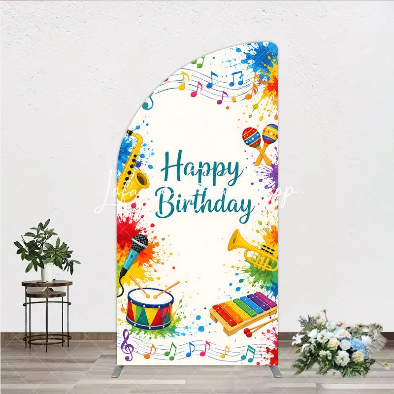 Lofaris Vibrant Happy Birthday Musical Instruments Half Moon Arch Backdrop Colorful Paint Splatter Party Decor