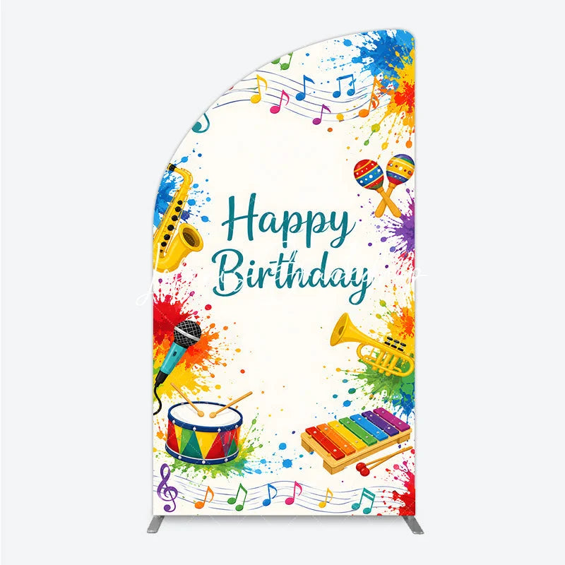 Lofaris Vibrant Happy Birthday Musical Instruments Half Moon Arch Backdrop Colorful Paint Splatter Party Decor