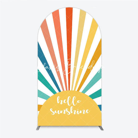 Lofaris Vibrant Hello Sunshine Colorful Sunburst Round Top Arch Backdrop Retro Summer Party Celebration Decor