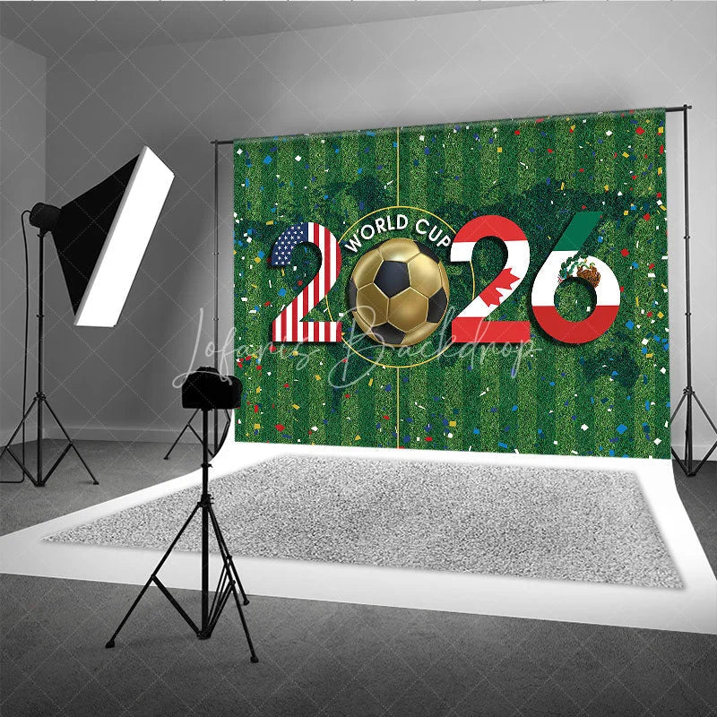 Lofaris Vibrant International Soccer Tournament 2026 Holiday Backdrop USA Canada Mexico Flags on Green Field