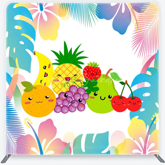 Lofaris Vibrant Kawaii Fruit Square Double-Sided Backdrop with Tropical Leaves Cute Summer Party and Birthday Decor