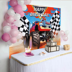 Lofaris Vibrant Monster Truck and Checkered Flag Racing Birthday Backdrop Dynamic Adventure Party Decor for Boys