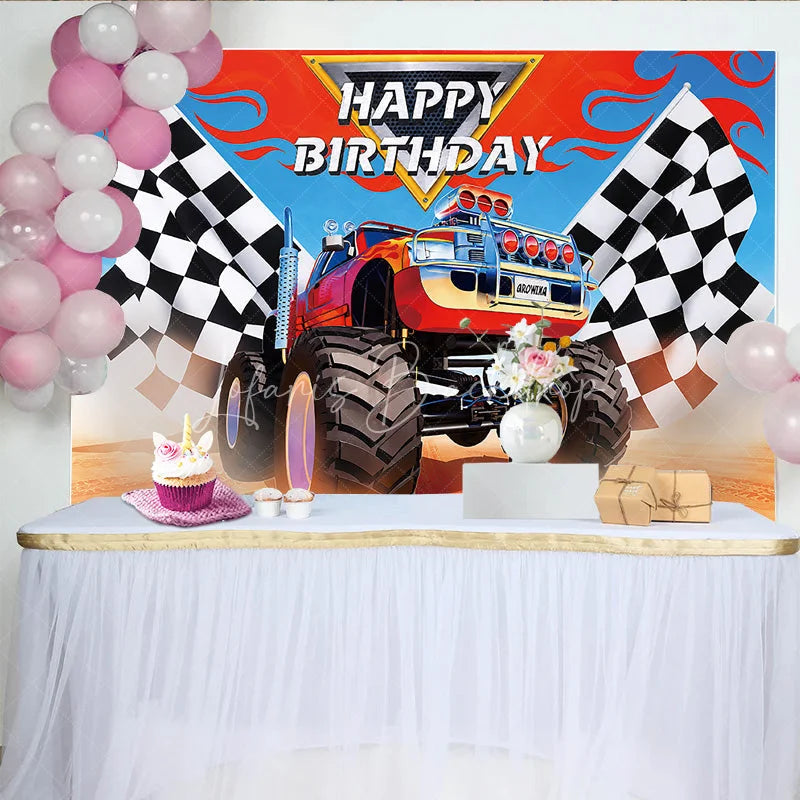 Lofaris Vibrant Monster Truck and Checkered Flag Racing Birthday Backdrop Dynamic Adventure Party Decor for Boys