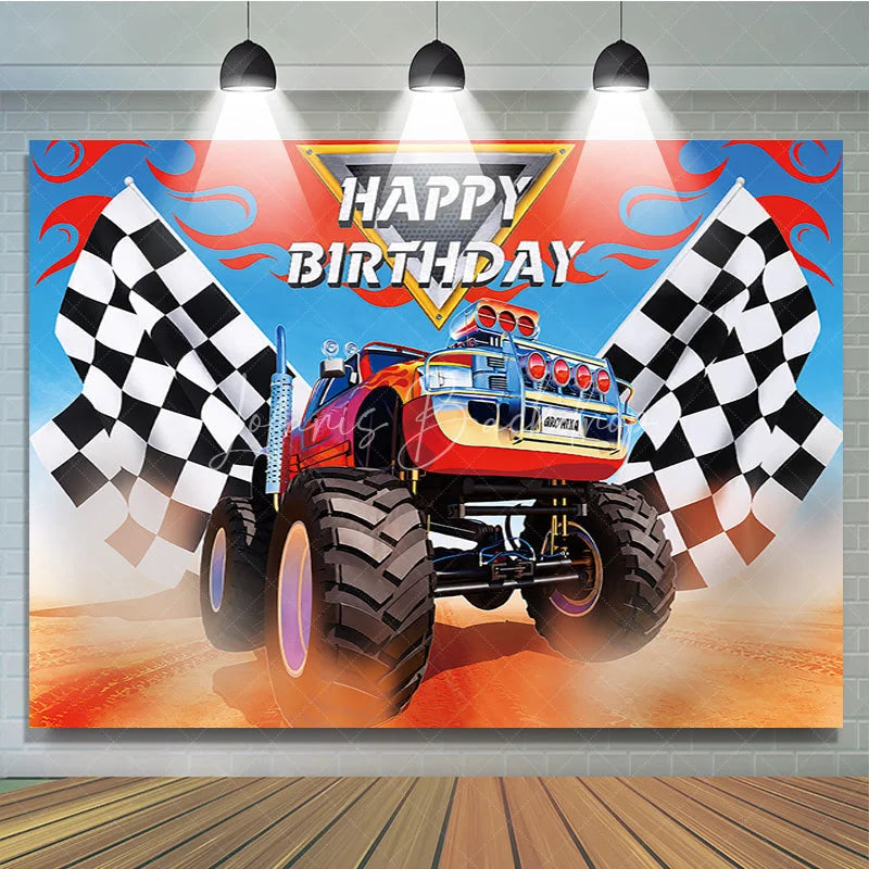 Lofaris Vibrant Monster Truck and Checkered Flag Racing Birthday Backdrop Dynamic Adventure Party Decor for Boys