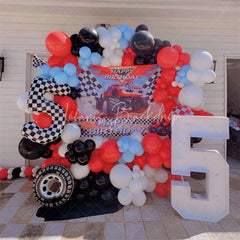 Lofaris Vibrant Monster Truck and Checkered Flag Racing Birthday Backdrop Dynamic Adventure Party Decor for Boys