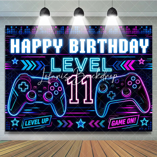 Lofaris Vibrant Neon Blue and Pink Gaming Controller Level 11 Happy Birthday Backdrop Gamer Theme Party Decor