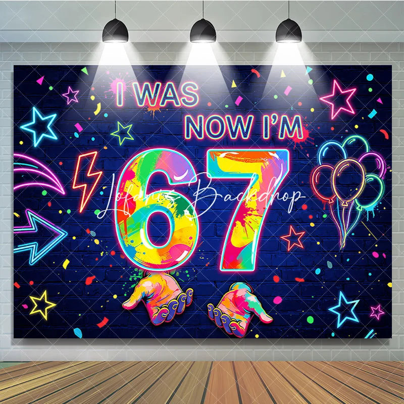 Lofaris Vibrant Neon Graffiti 7th Birthday Backdrop Colorful Splatter Stars and Balloons Dark Blue Brick Wall Party Decor