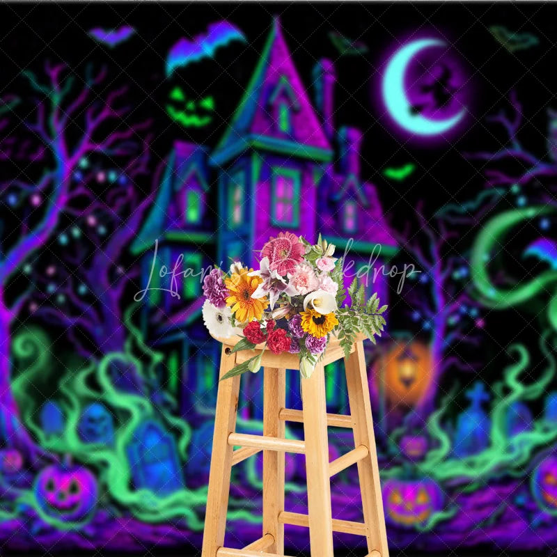 Lofaris Vibrant Neon Purple and Green Haunted House Holiday Backdrop Spooky Halloween Party Decor with Jack-o’-Lanterns