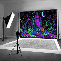 Lofaris Vibrant Neon Purple and Green Haunted House Holiday Backdrop Spooky Halloween Party Decor with Jack-o’-Lanterns