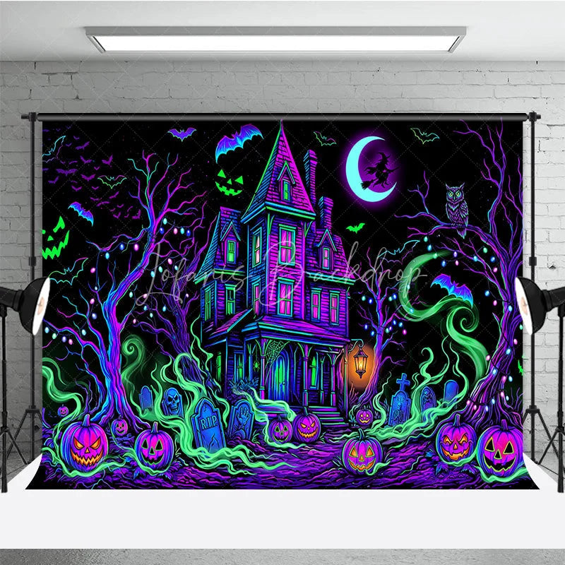 Lofaris Vibrant Neon Purple and Green Haunted House Holiday Backdrop Spooky Halloween Party Decor with Jack-o’-Lanterns