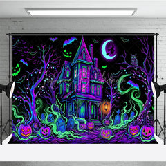 Lofaris Vibrant Neon Purple and Green Haunted House Holiday Backdrop Spooky Halloween Party Decor with Jack-o’-Lanterns